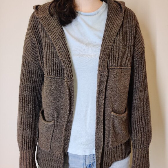Max Studio Open Front Cardigan Hooded Sweater Brown Small - Picture 2 of 5